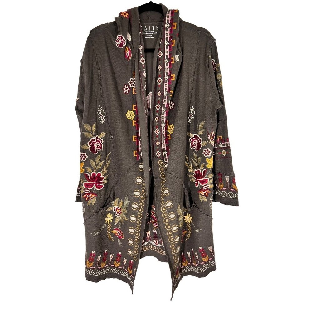 CAITE "Mackenzie" Jacket Dark Gray Large Long Sleeve Hooded Duster Sweater Coat